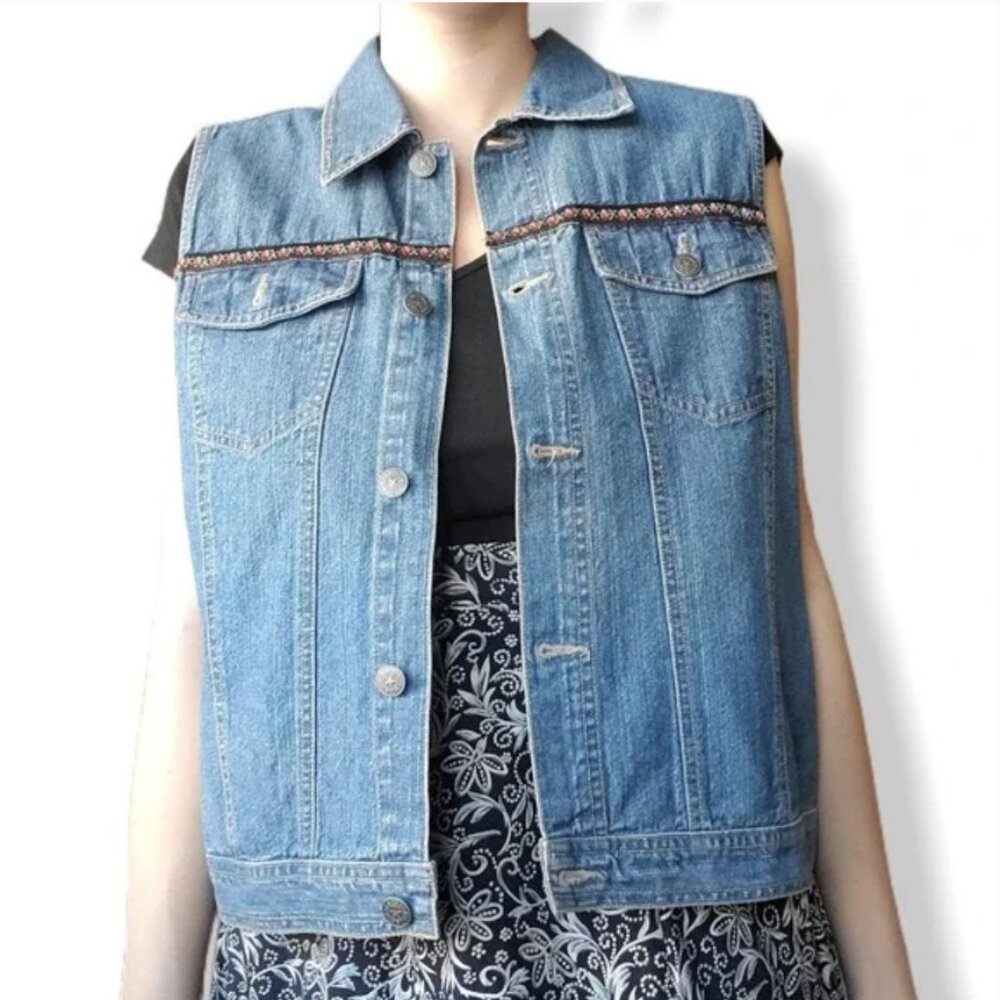 Vintage Denim Jean Button Up 90s Vest Collar Sleeveless Pockets Size XL